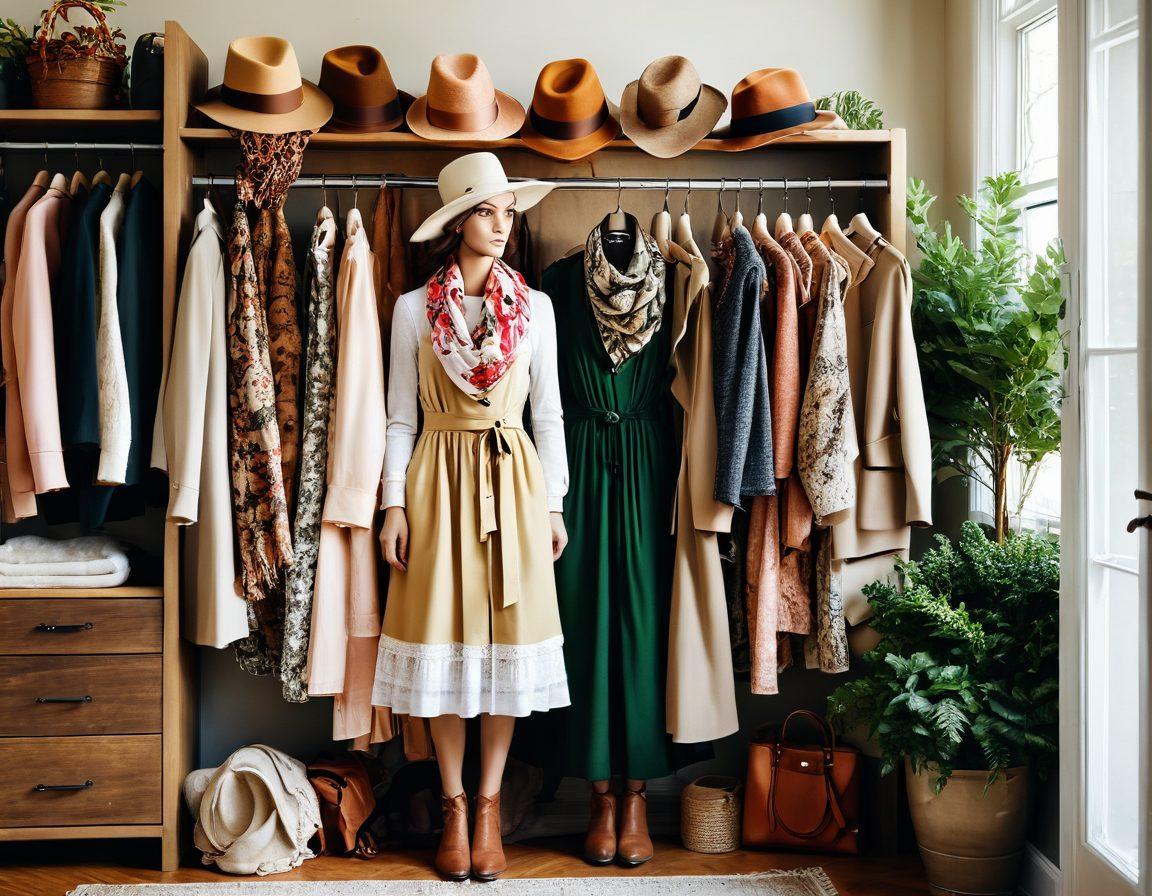 A stylish closet overflowing with chic outfits representing all four seasons: summer dresses, winter coats, spring florals, and autumn layers. A mannequin showcasing a trendy outfit in the foreground, surrounded by seasonal accessories like hats and scarves. Soft sunlight filtering through a window, casting a warm glow on the clothes. The background features lush greenery to emphasize a fresh, elegant vibe. vibrant colors. super-realistic. high-resolution.