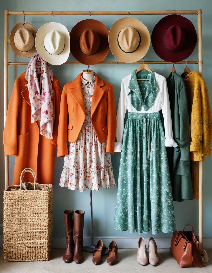 A vibrant seasonal wardrobe showcasing outfits for spring, summer, autumn, and winter. Each section features distinct fashion items, such as floral dresses, beachwear, cozy sweaters, and stylish coats. Include accessories like hats and scarves neatly arranged. A natural light setting enhances the colors, with playful fabric textures in the background. super-realistic. vibrant colors. light and airy atmosphere.