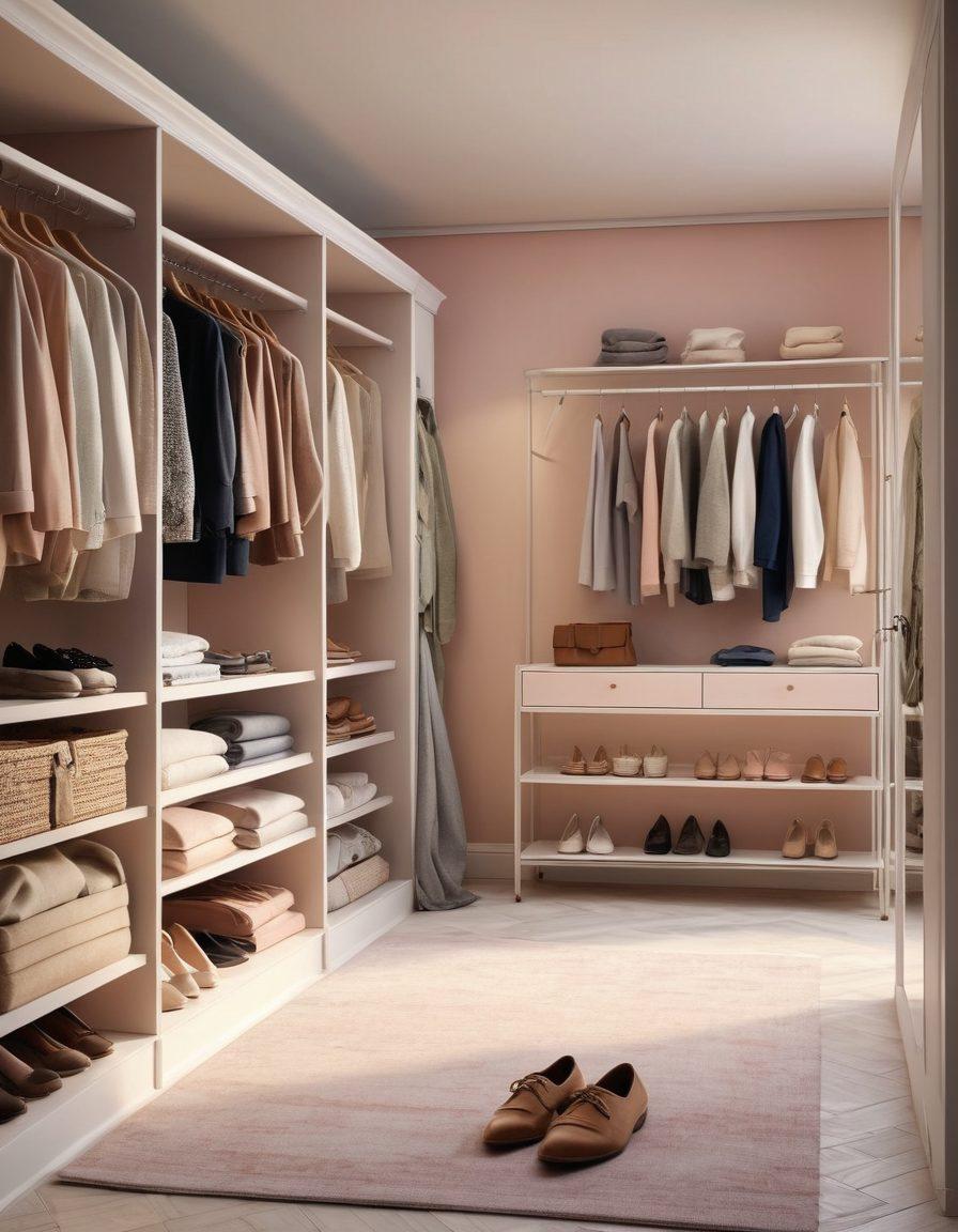 A stylish wardrobe transition scene showcasing casual wear on one side with relaxed, cozy clothing and accessories, seamlessly blending into elegant evening attire on the other side, highlighted by soft ambient lighting. Include elements like rolling racks filled with clothes, a mirror reflecting the transformation, and fashionable shoes displayed in an inviting atmosphere. The background should have a warm, inviting feel with soft pastel colors. super-realistic. vibrant colors.